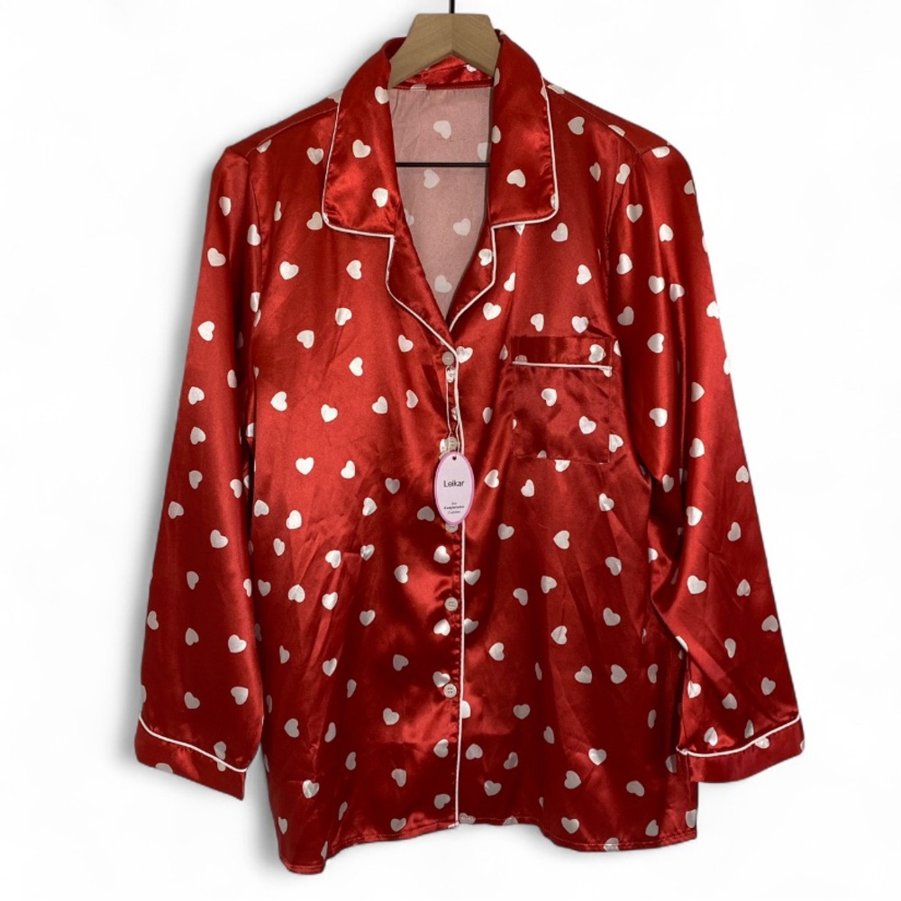 Leikar Women’s L Red White Valentine Hearts Print Button Satin Top Sleepwear